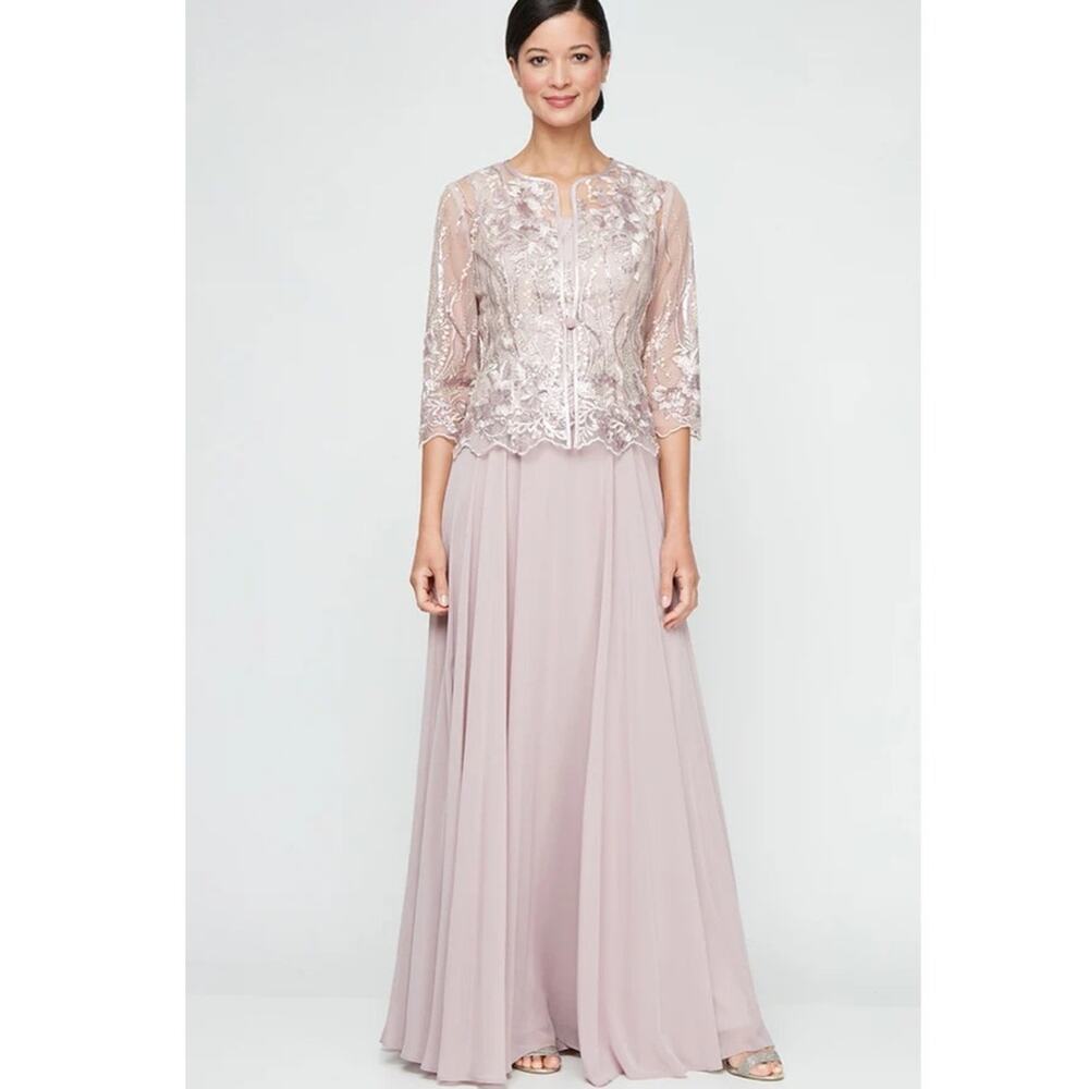 Alex Evenings Blush Pink Petite Sequin Embroidered 3/4 Sleeve Jacket Gown 10P